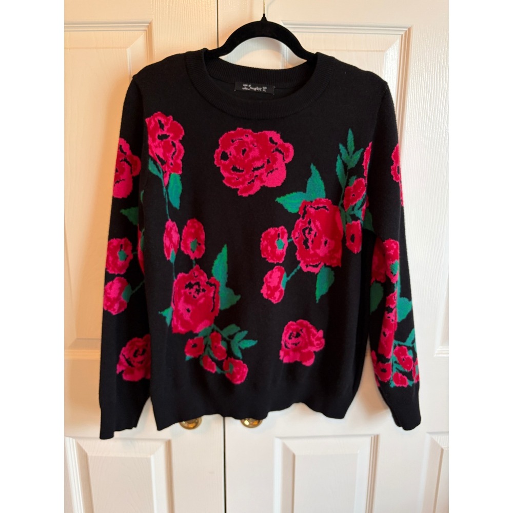 Simplee Women Black Pink Rose Floral Knit Sweater XL Crew Neck Pullover
